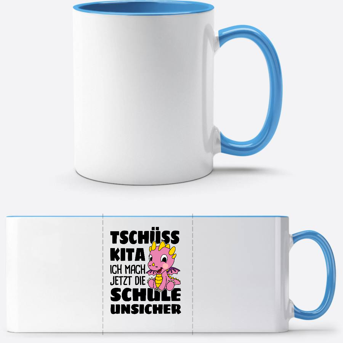 Einschulung Tasse: Tschüss Kita! – Rosa Drache mit Name - Weiß/Hellblau