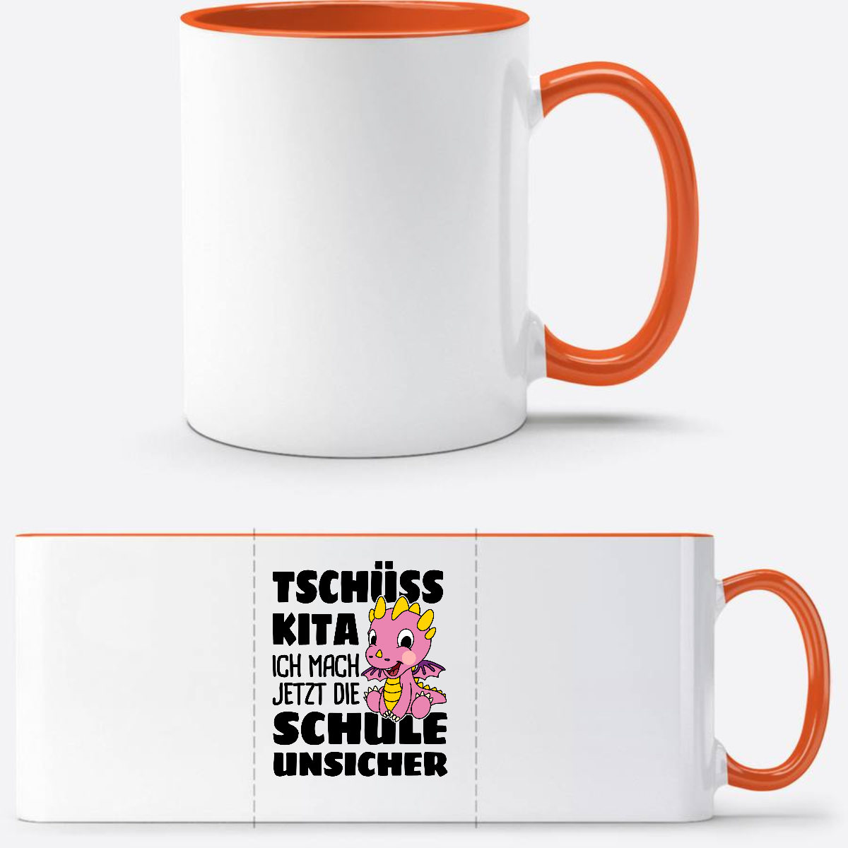 Einschulung Tasse: Tschüss Kita! – Rosa Drache mit Name - Weiß/Orange