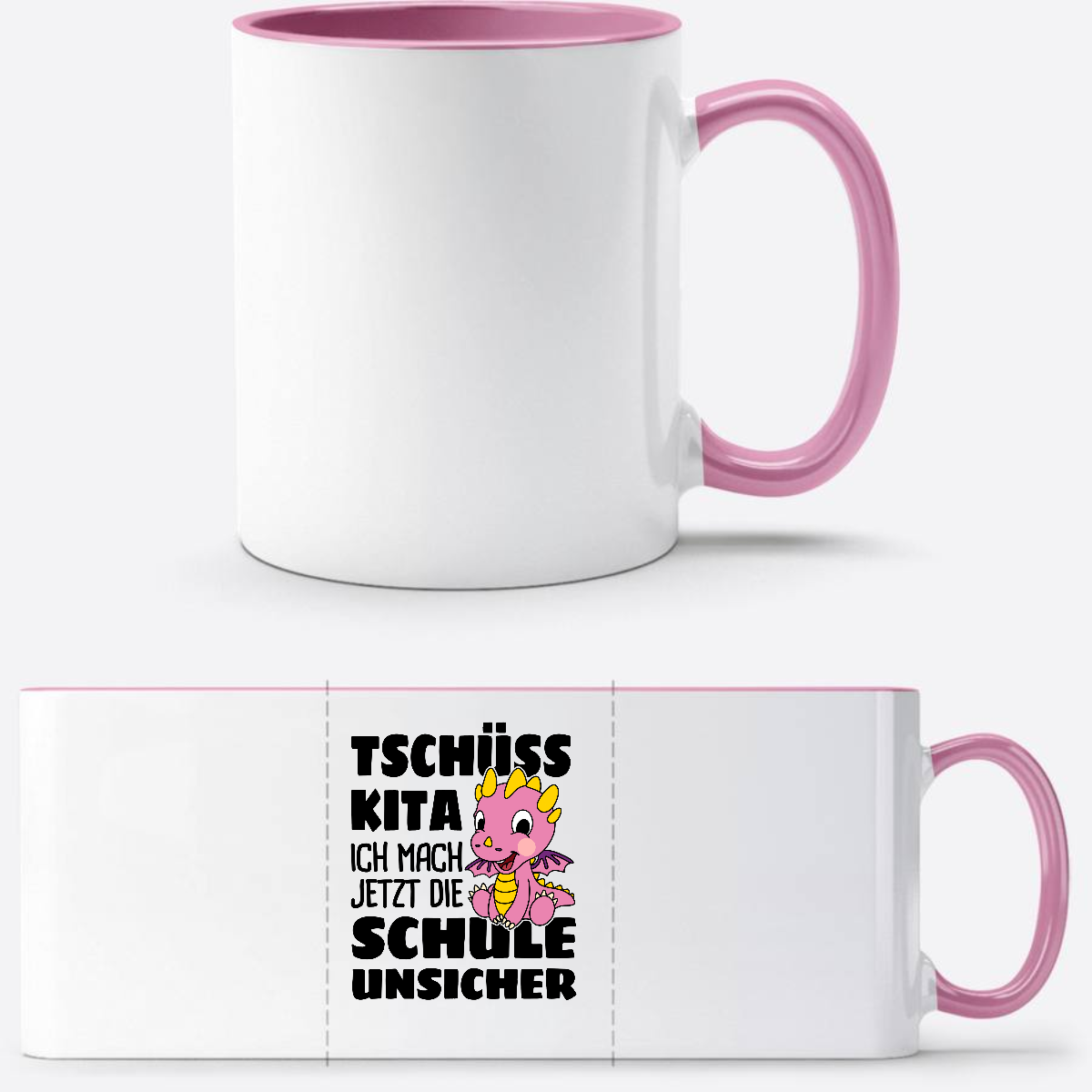 Einschulung Tasse: Tschüss Kita! – Rosa Drache mit Name - Weiss/Rosa