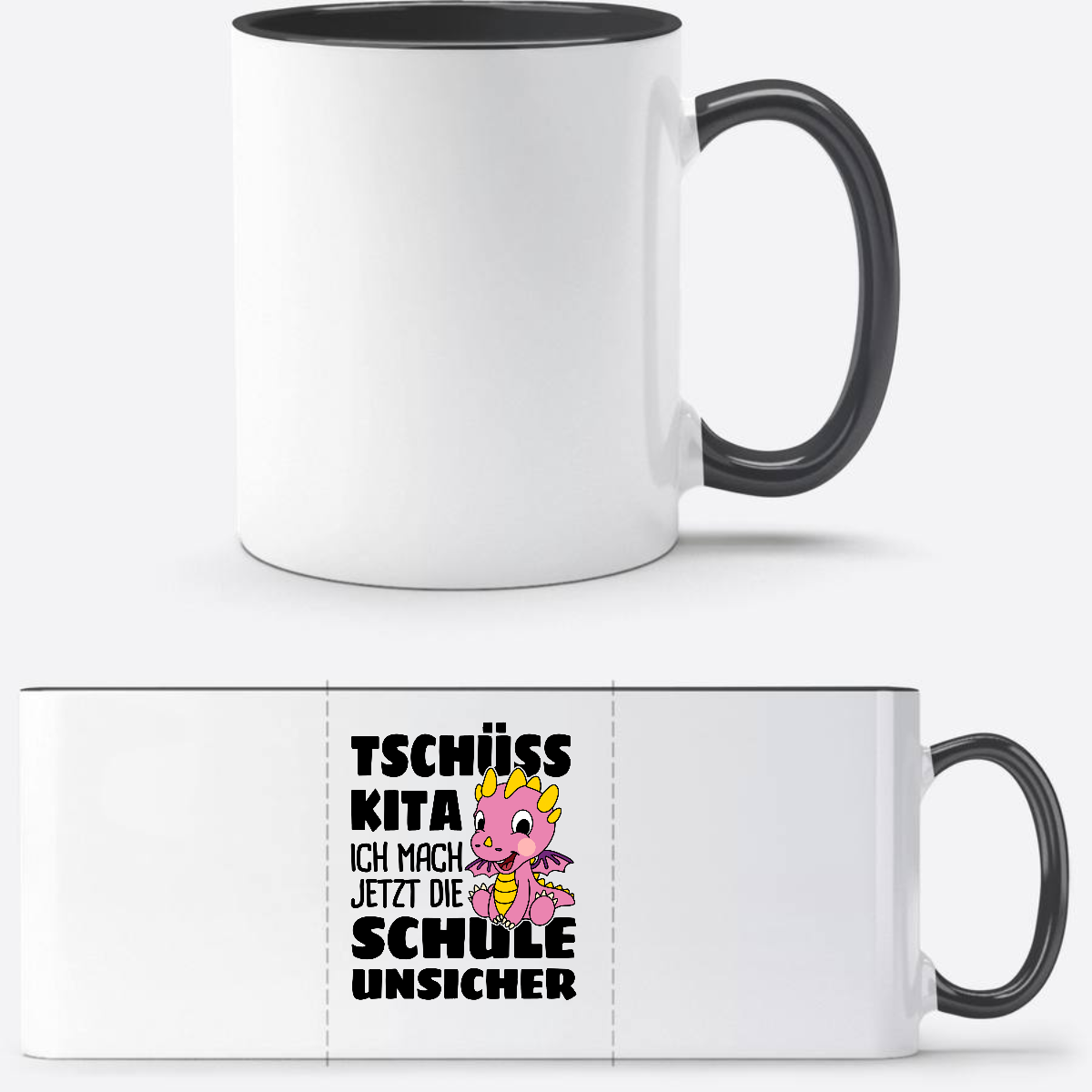Einschulung Tasse: Tschüss Kita! – Rosa Drache mit Name - Weiß/Schwarz