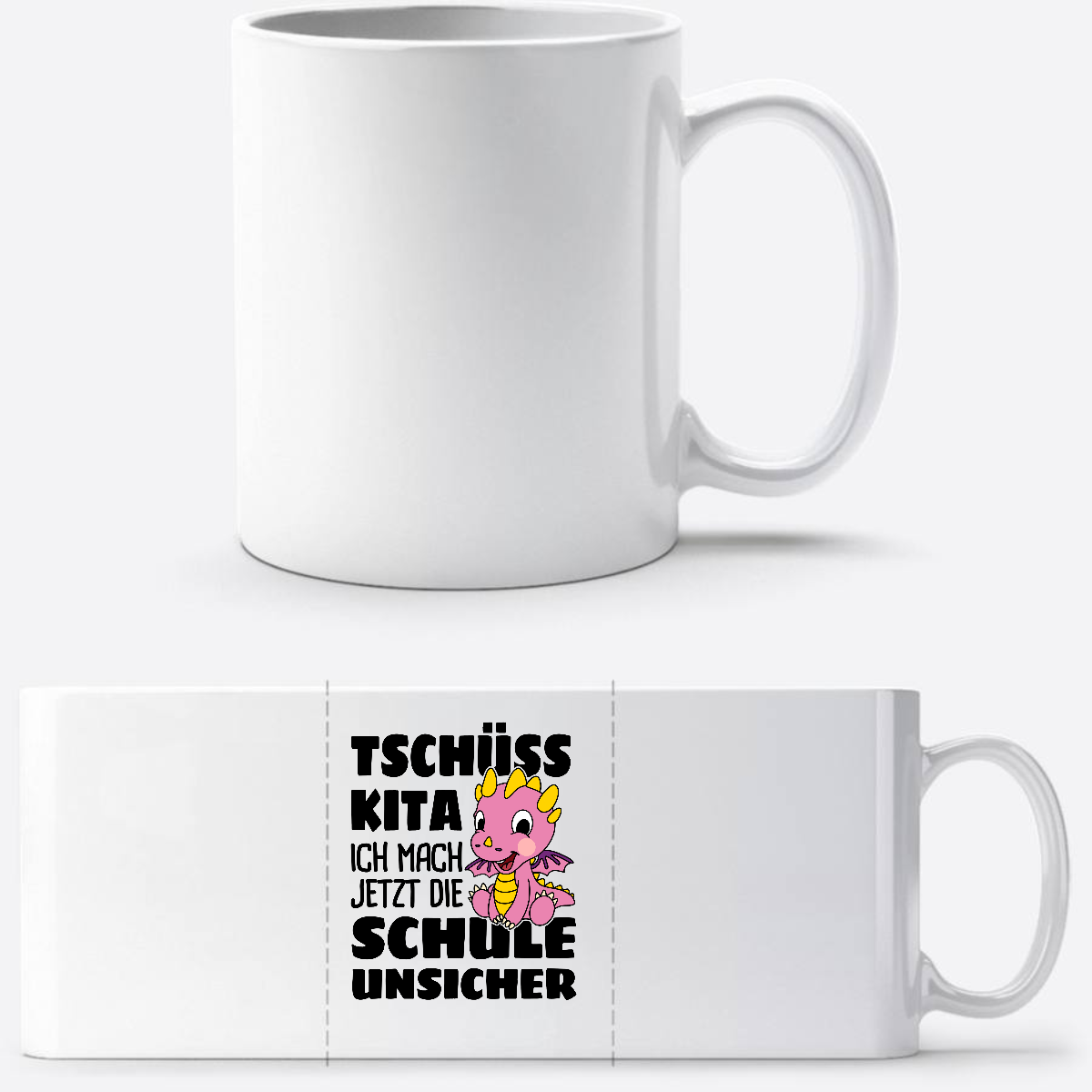 Einschulung Tasse: Tschüss Kita! – Rosa Drache mit Name - Weiß