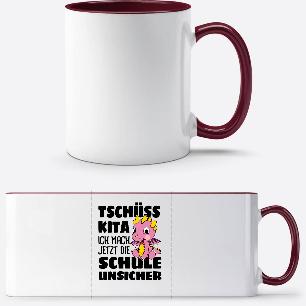 Einschulung Tasse: Tschüss Kita! – Rosa Drache mit Name - White/Bordeaux
