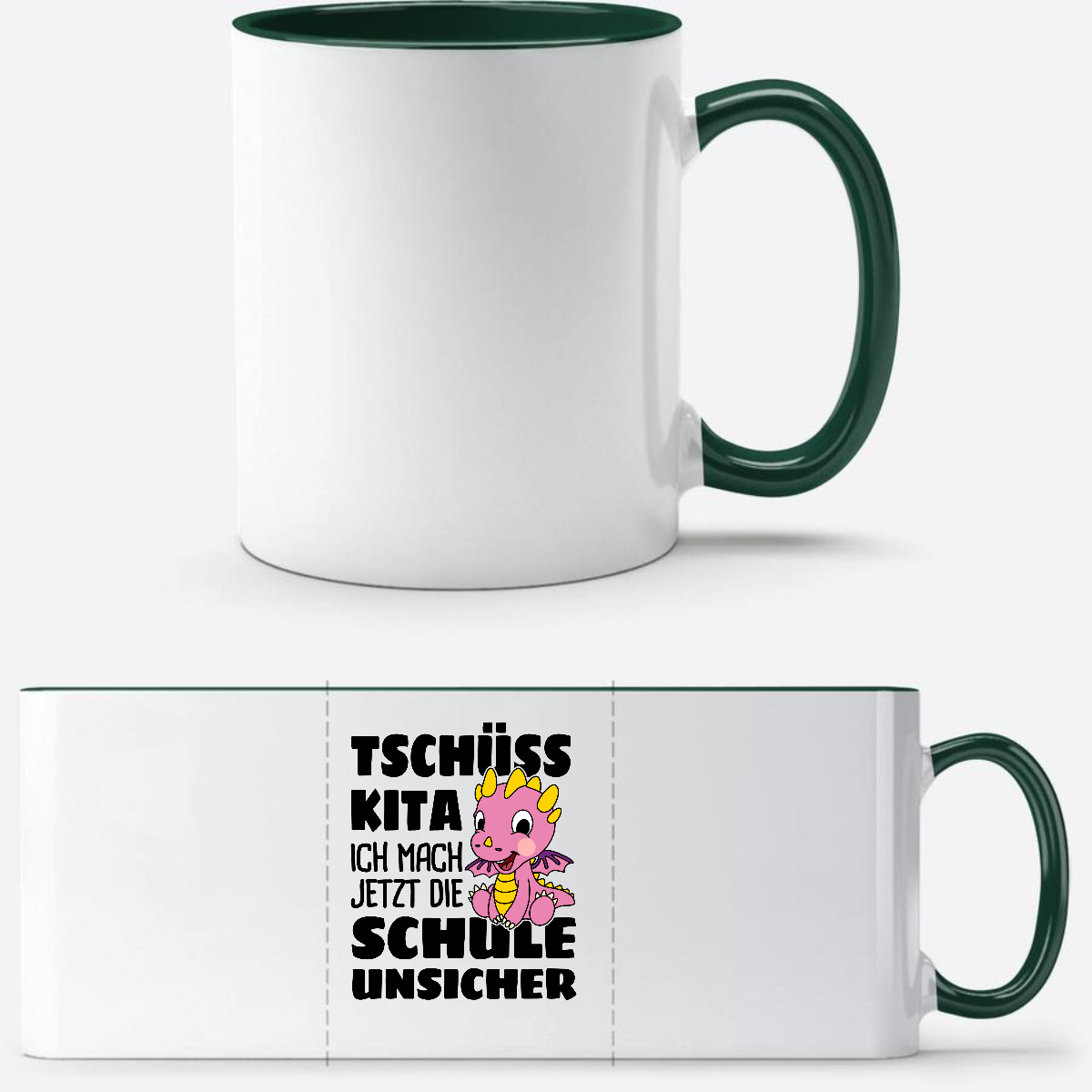 Einschulung Tasse: Tschüss Kita! – Rosa Drache mit Name - White/Petrol