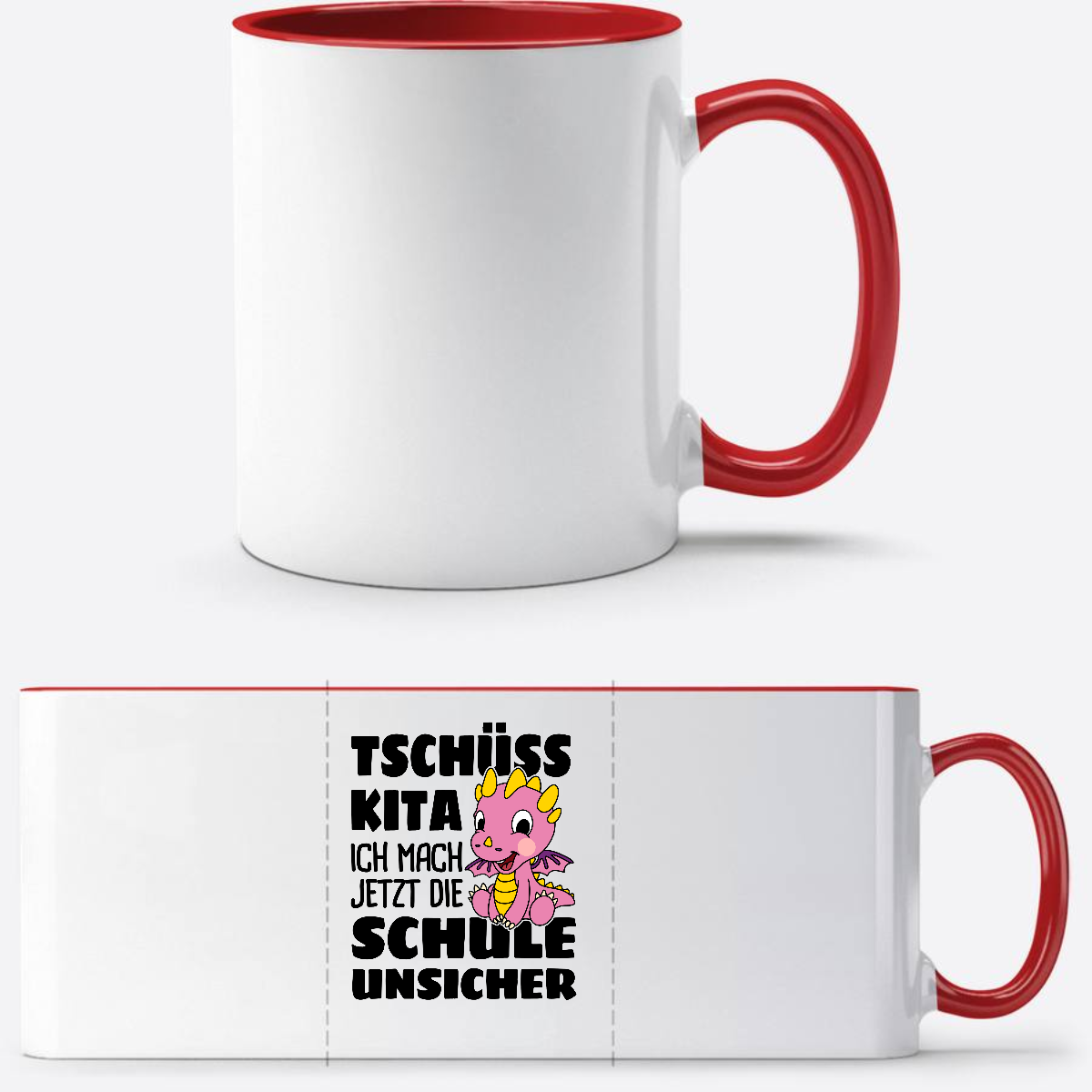 Einschulung Tasse: Tschüss Kita! – Rosa Drache mit Name - White/Red