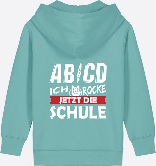 Einschulung Zip-Hoodie: ABCD Ich rocke die Schule – mit Name - Teal Monstera