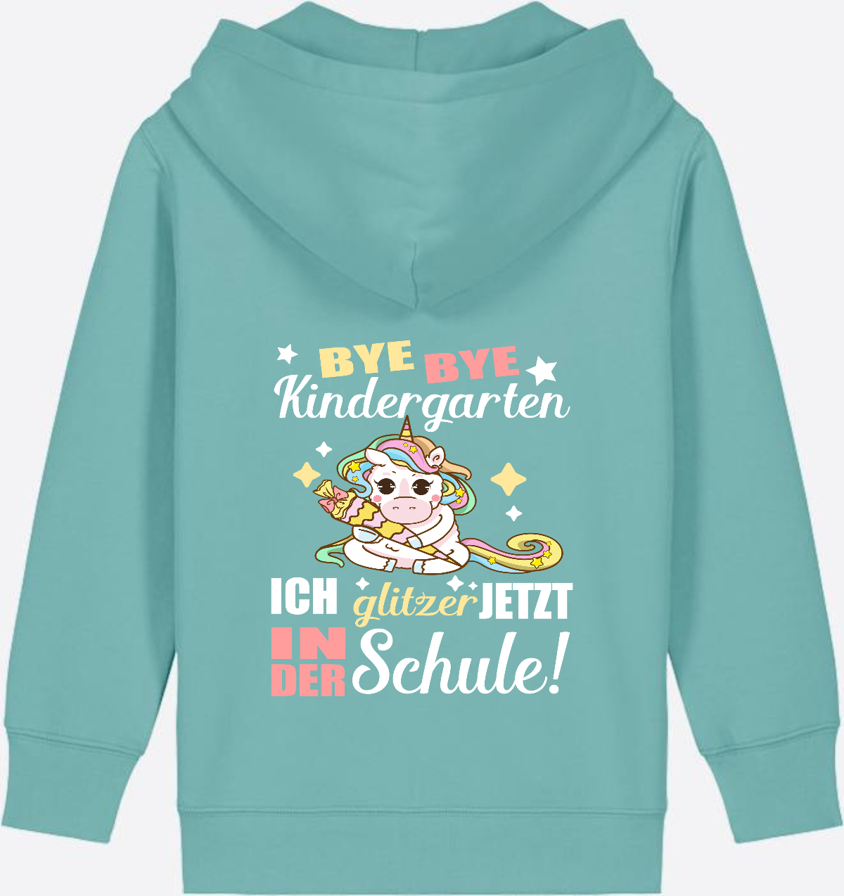 Einschulung Zip-Hoodie: Bye Bye Kindergarten Einhorn - Teal Monstera