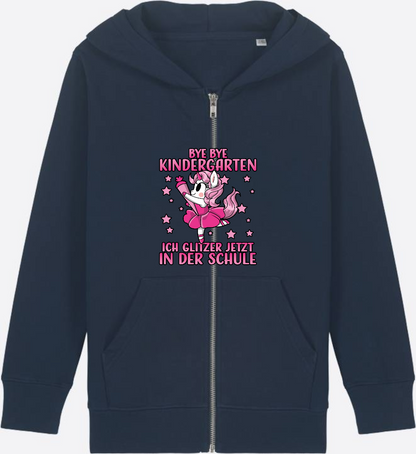 Einschulung Zip-Hoodie: Bye Bye Kindergarten Einhorn - French Navy Herzseite
