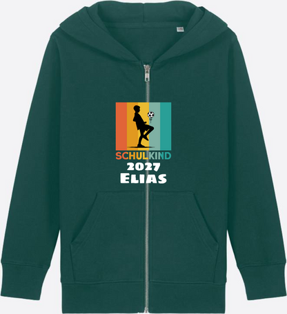 Einschulung Zip-Hoodie Fußball Retro weiß mit Wunschnamen - Glazed Green Herzseite