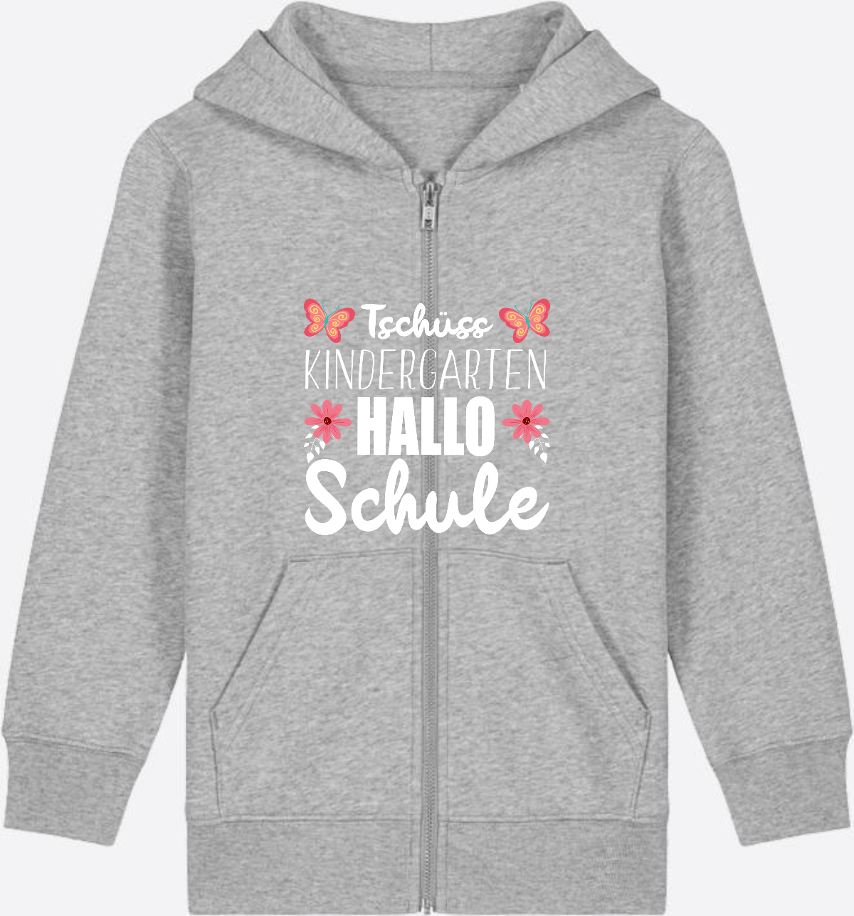 Einschulung Zip-Hoodie – Tschüss Kindergarten, Hallo Schule - Heather Grey Herzseite