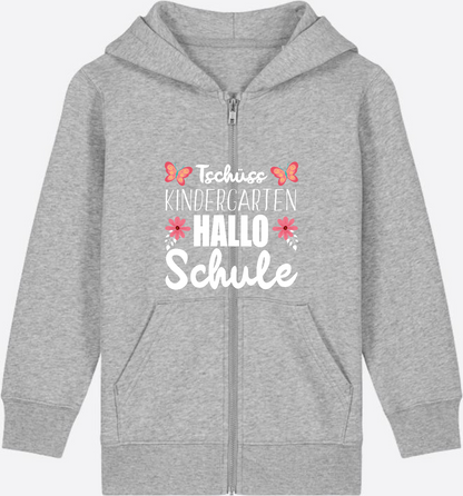 Einschulung Zip-Hoodie – Tschüss Kindergarten, Hallo Schule - Heather Grey Herzseite
