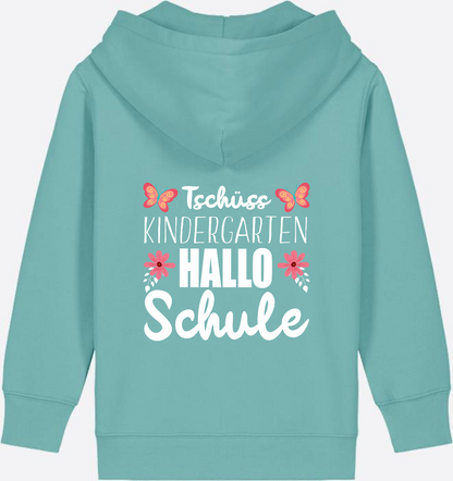 Einschulung Zip-Hoodie – Tschüss Kindergarten, Hallo Schule - Teal Monstera