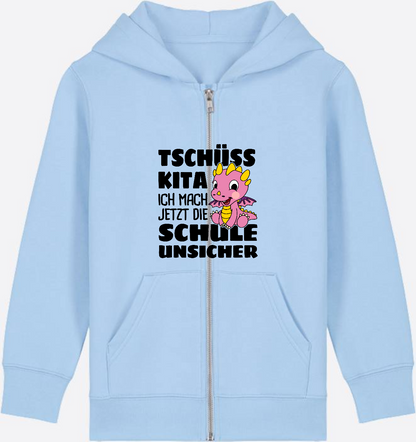 Einschulung Zip-Hoodie: Tschüss Kita mit rosa Drachen & Name - Blue Soul Herzseite