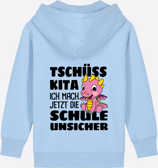 Einschulung Zip-Hoodie: Tschüss Kita mit rosa Drachen & Name - Blue Soul