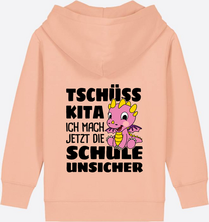 Einschulung Zip-Hoodie: Tschüss Kita mit rosa Drachen & Name - Fraiche Peche