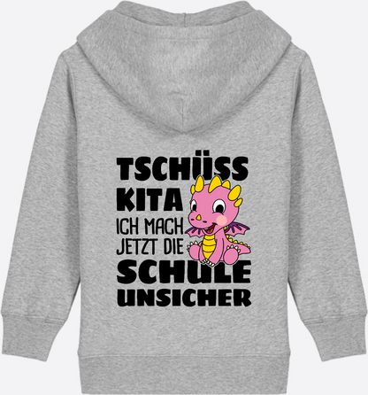 Einschulung Zip-Hoodie: Tschüss Kita mit rosa Drachen & Name - Heather Grey