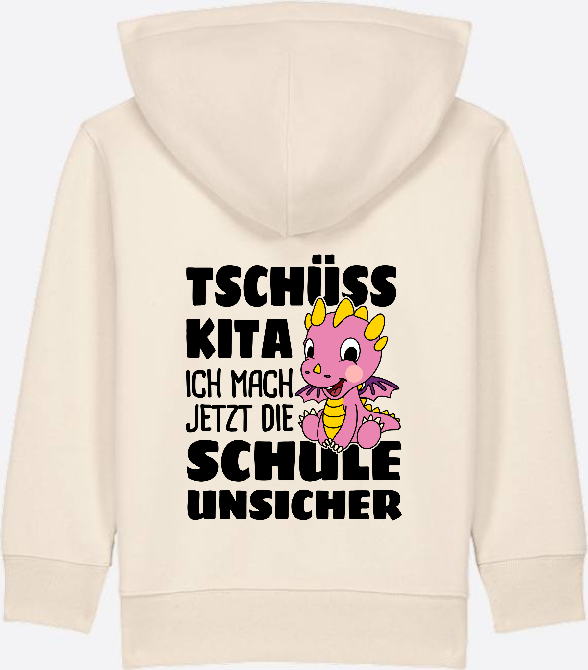Einschulung Zip-Hoodie: Tschüss Kita mit rosa Drachen & Name - Natural Raw