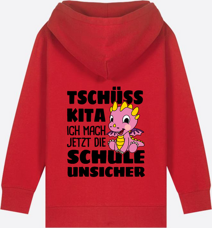 Einschulung Zip-Hoodie: Tschüss Kita mit rosa Drachen & Name - Red