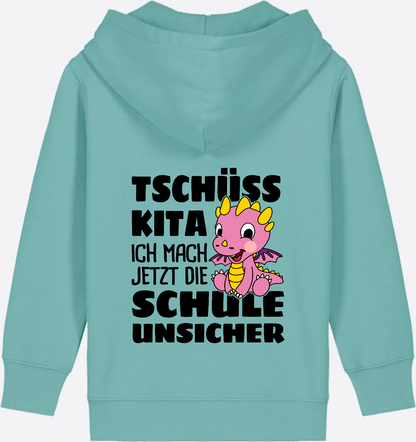 Einschulung Zip-Hoodie: Tschüss Kita mit rosa Drachen & Name - Teal Monstera