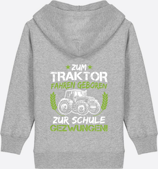 Einschulung Zip-Hoodie: Zum Traktor fahren geboren Grün-Weiß - Heather Grey