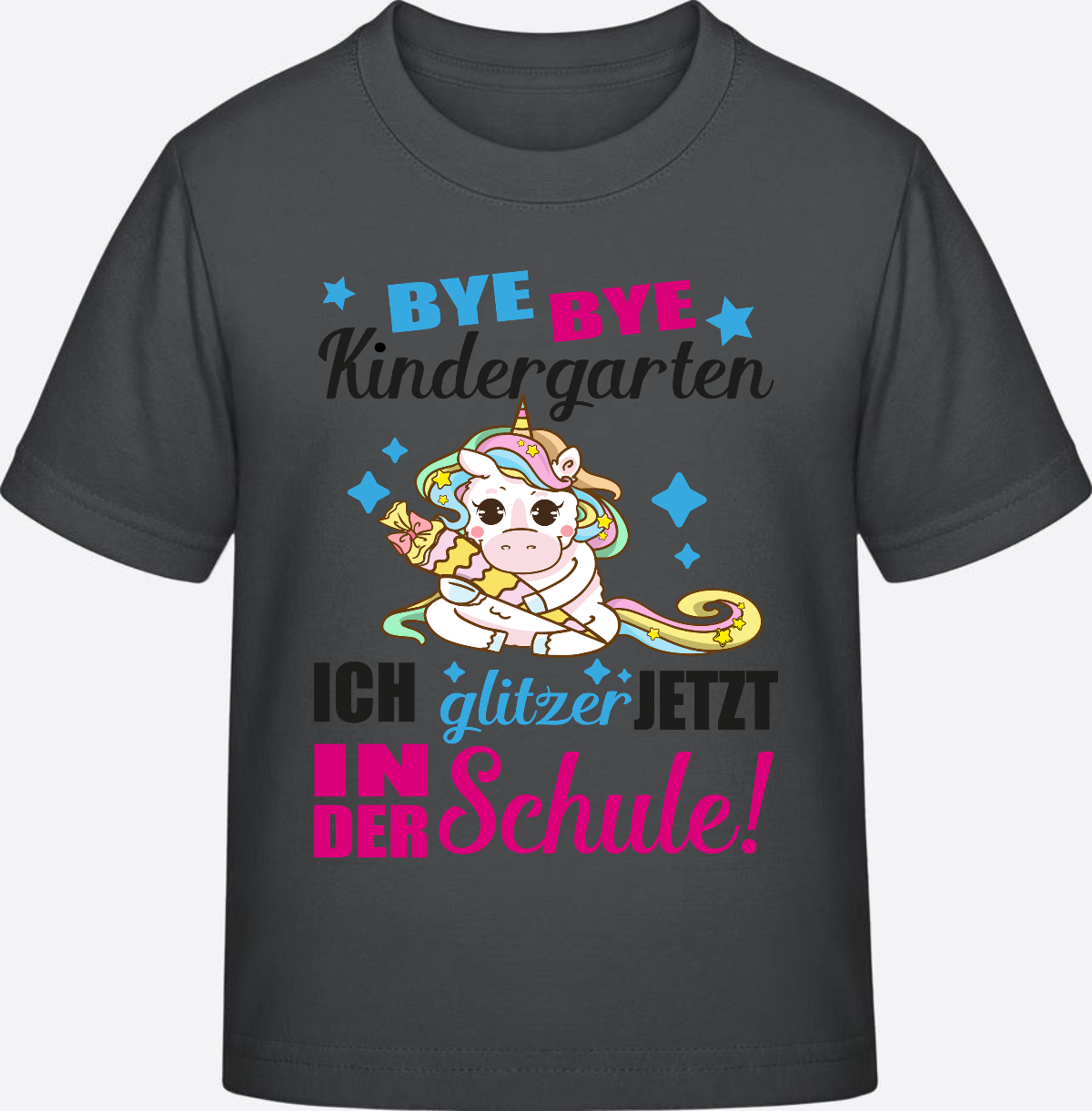 Einschulungs-T-Shirt Einhorn: Ich glitzer jetzt in der Schule - Anthracite