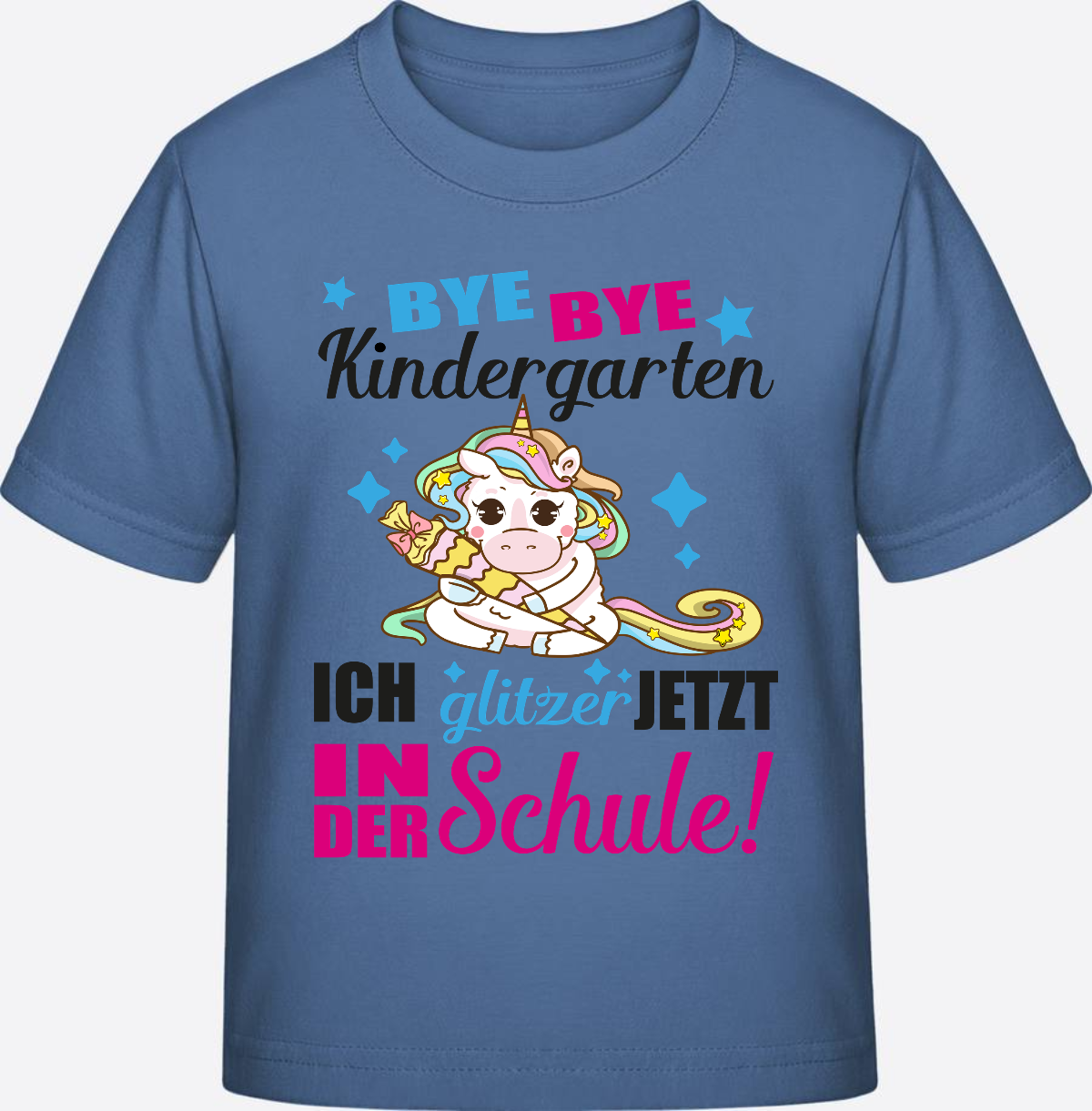 Einschulungs-T-Shirt Einhorn: Ich glitzer jetzt in der Schule - Bright Blue