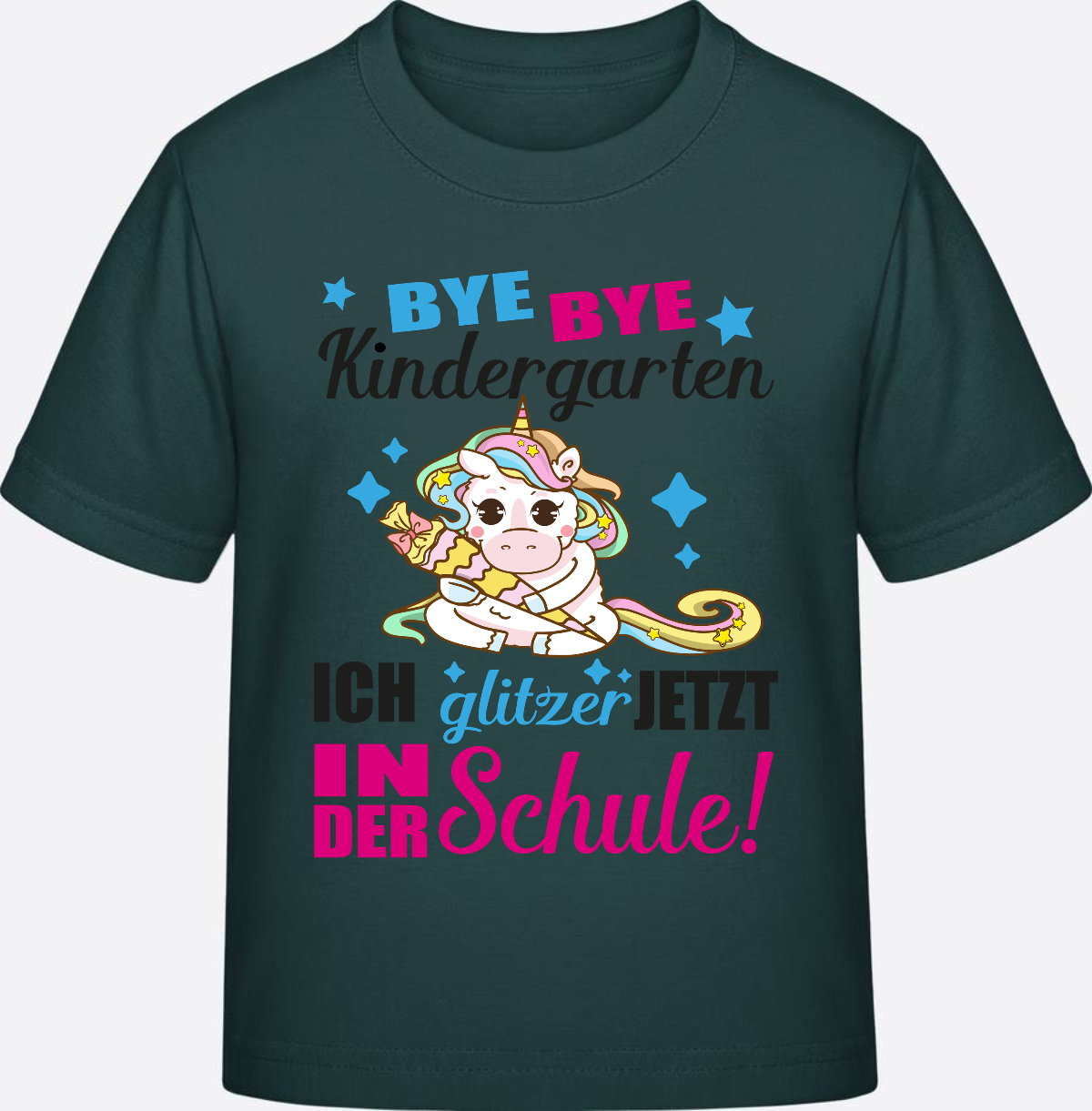 Einschulungs-T-Shirt Einhorn: Ich glitzer jetzt in der Schule - Glazed Green