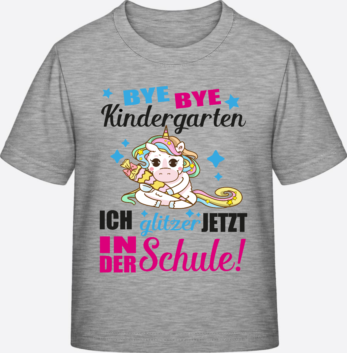 Einschulungs-T-Shirt Einhorn: Ich glitzer jetzt in der Schule - Heather Grey