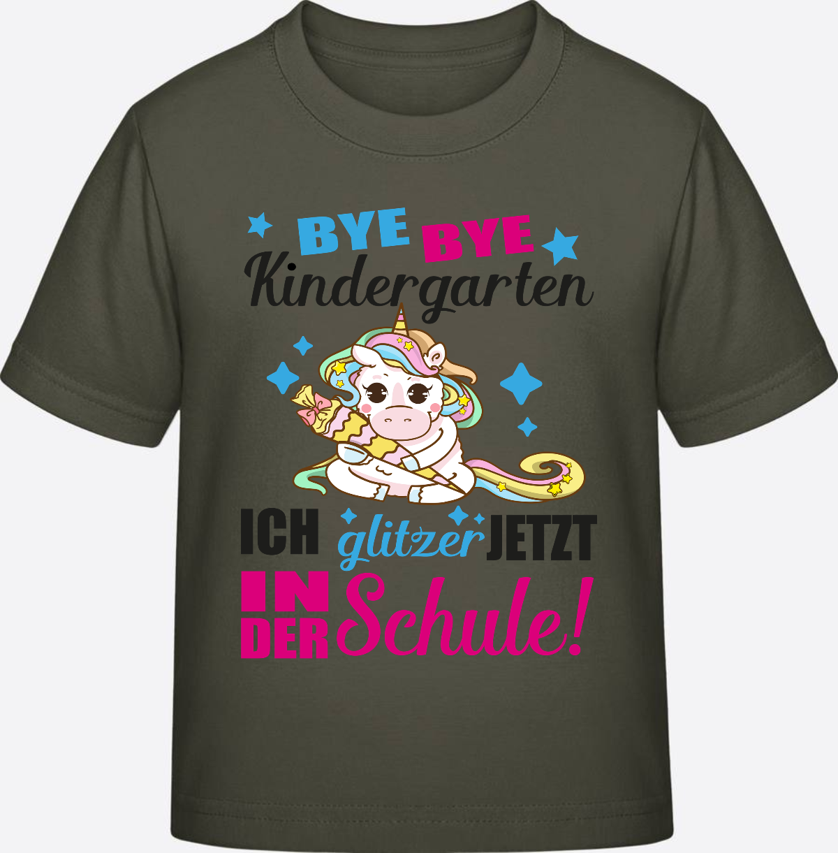 Einschulungs-T-Shirt Einhorn: Ich glitzer jetzt in der Schule - Khaki
