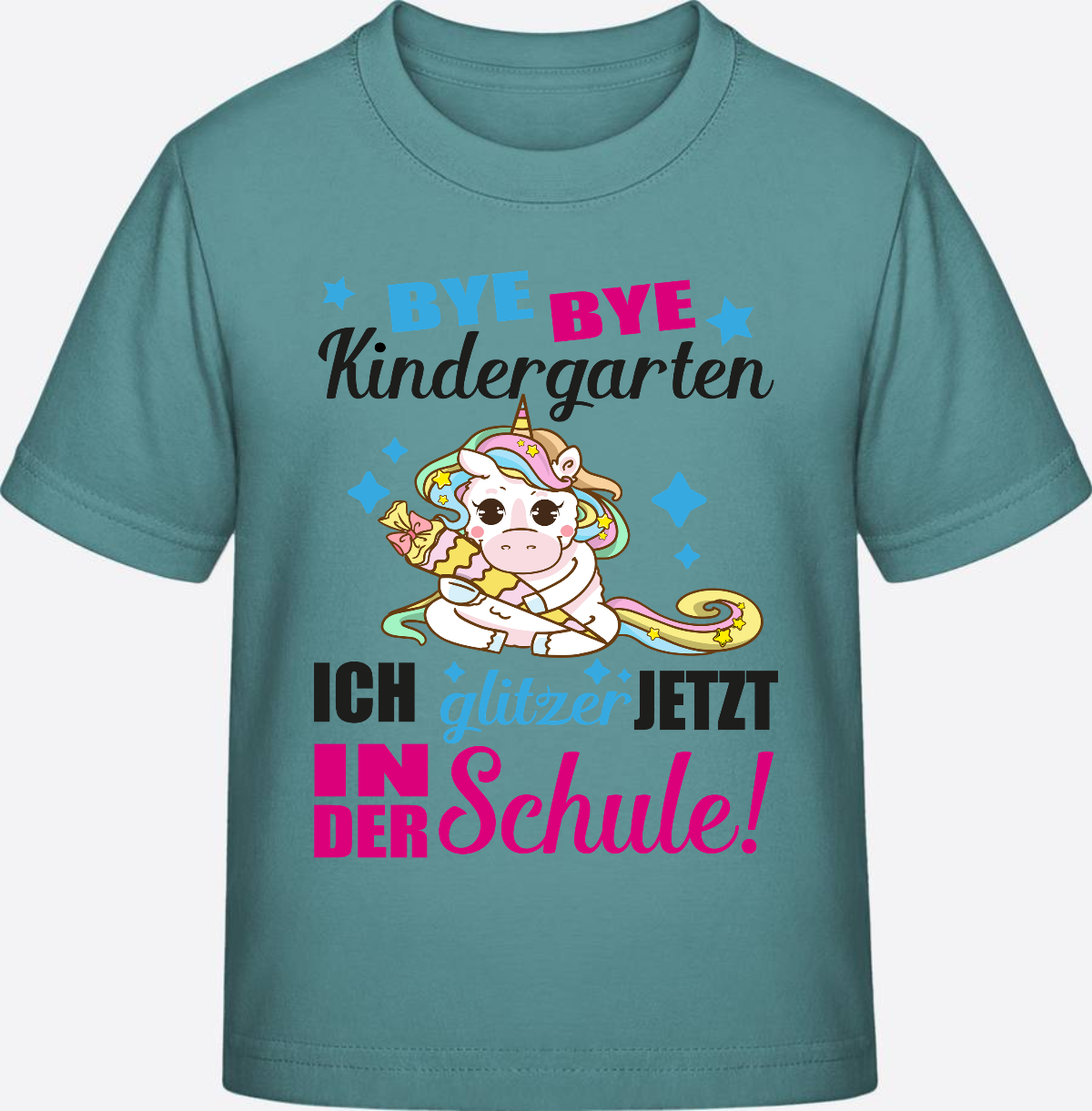 Einschulungs-T-Shirt Einhorn: Ich glitzer jetzt in der Schule - Teal Monstera