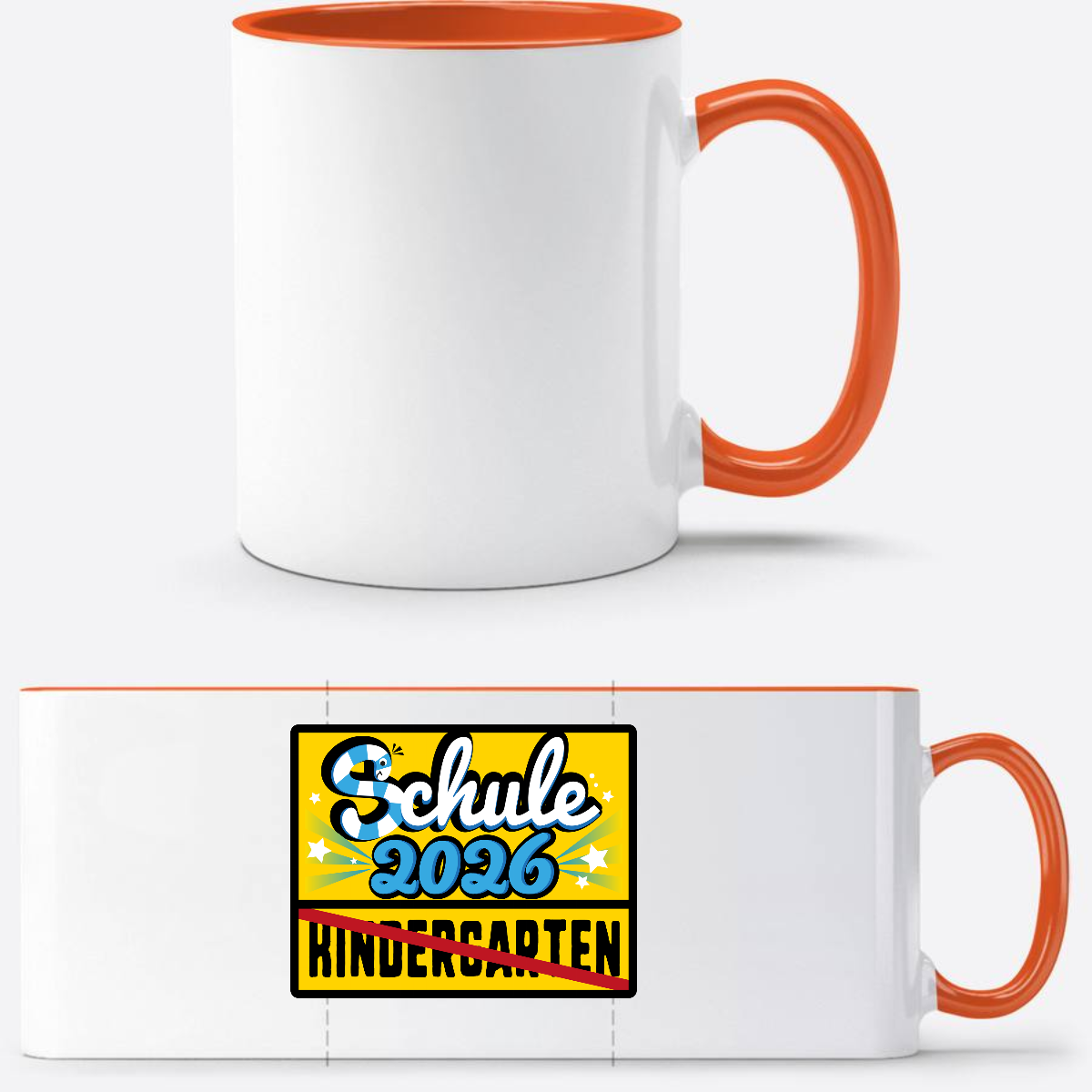 Einschulungstasse 2026 mit Name – Ortsschild Kindergarten/Schule - Weiß/Orange