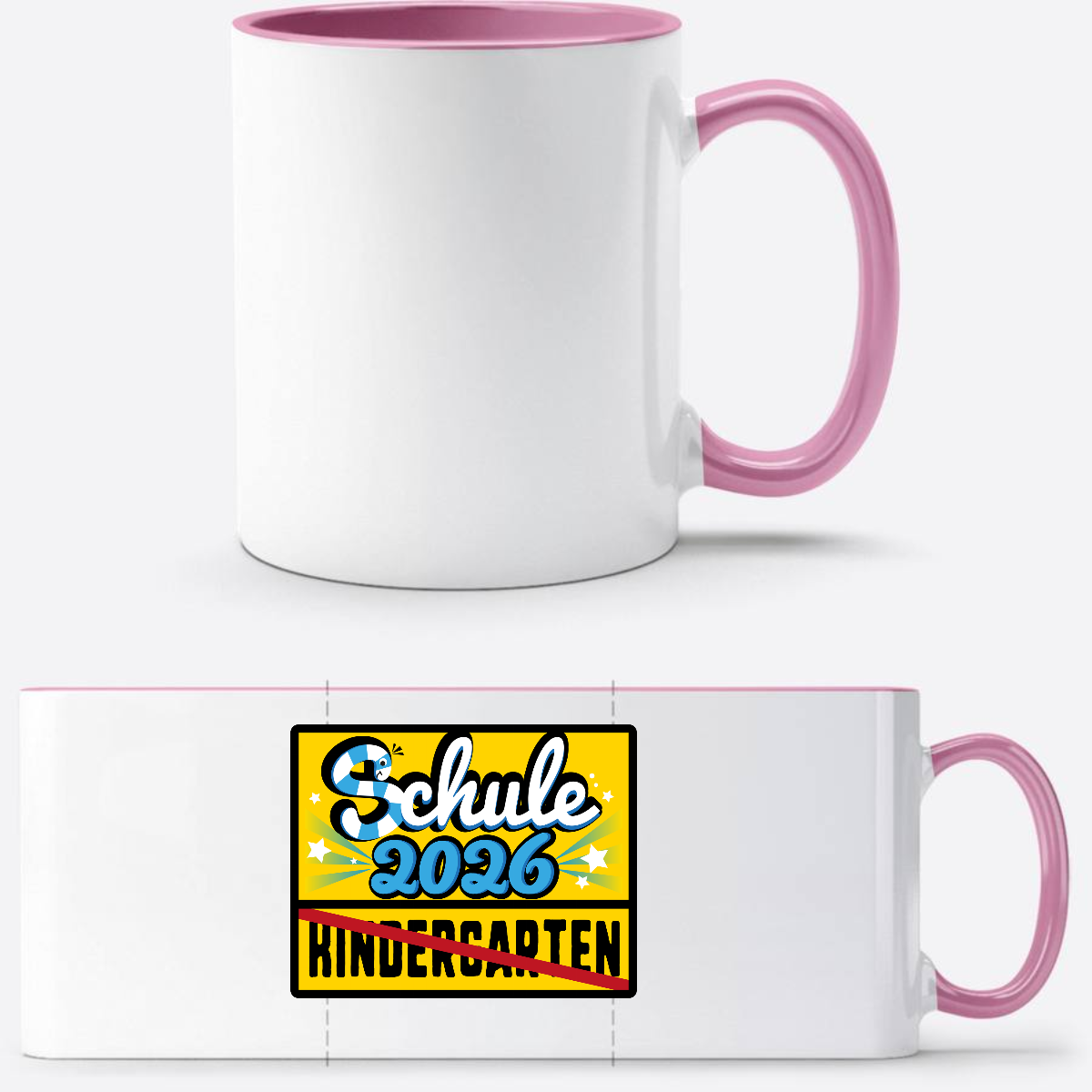 Einschulungstasse 2026 mit Name – Ortsschild Kindergarten/Schule - Weiss/Rosa