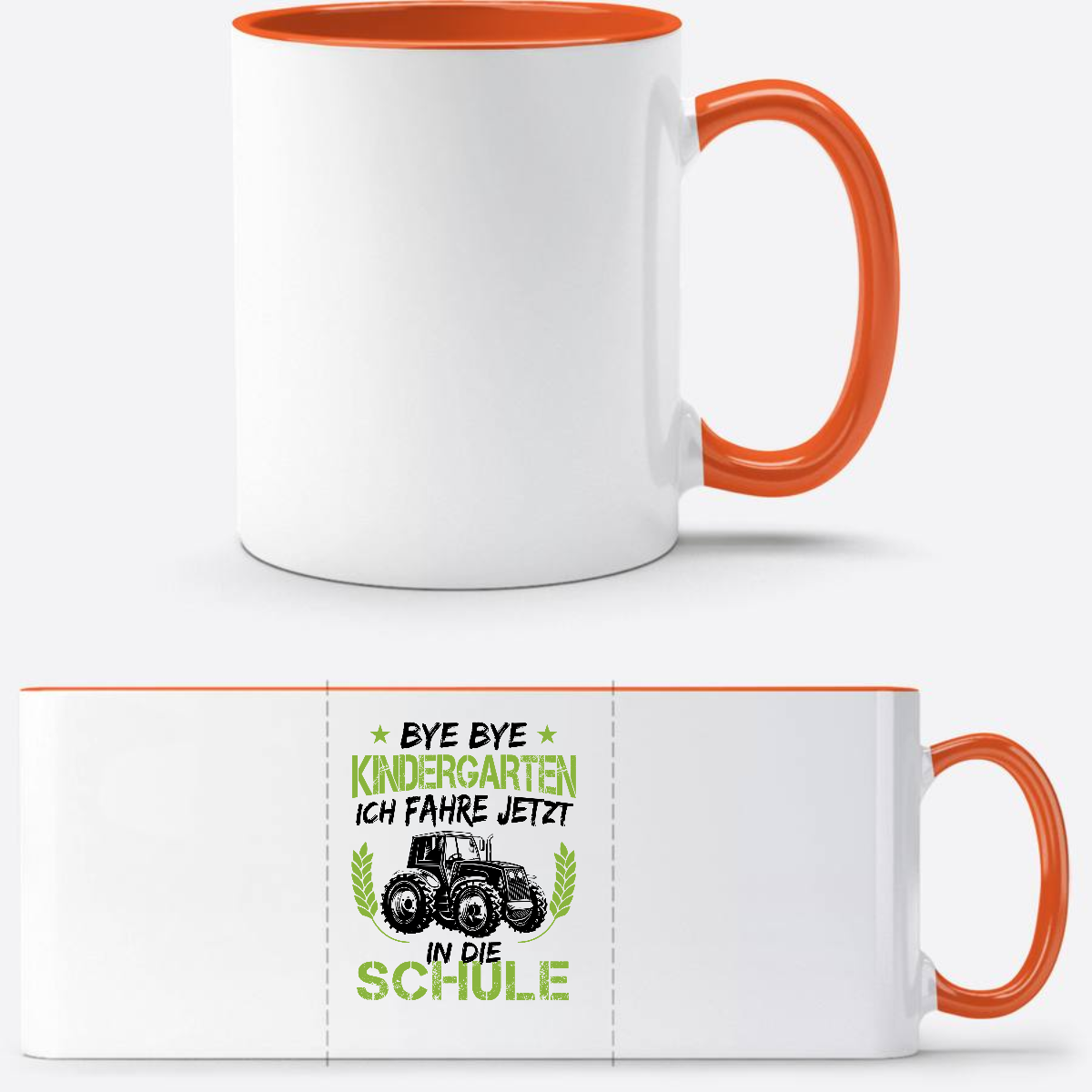 Einschulungstasse Traktor – Bye Bye Kindergarten mit Wunschname - Weiß/Orange