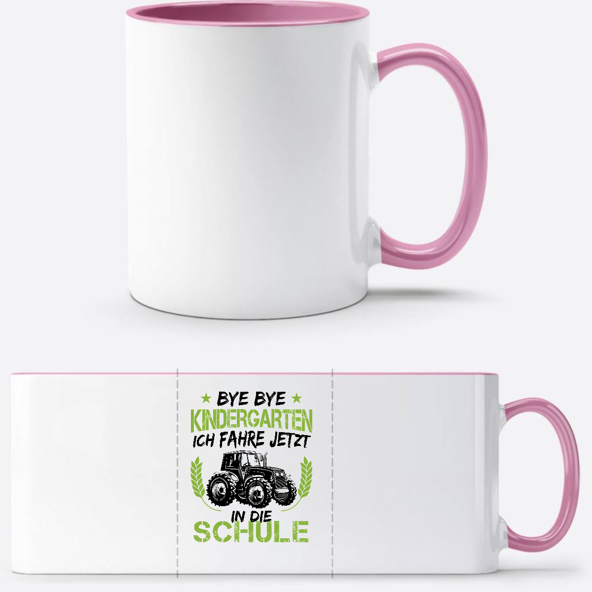 Einschulungstasse Traktor – Bye Bye Kindergarten mit Wunschname - Weiss/Rosa