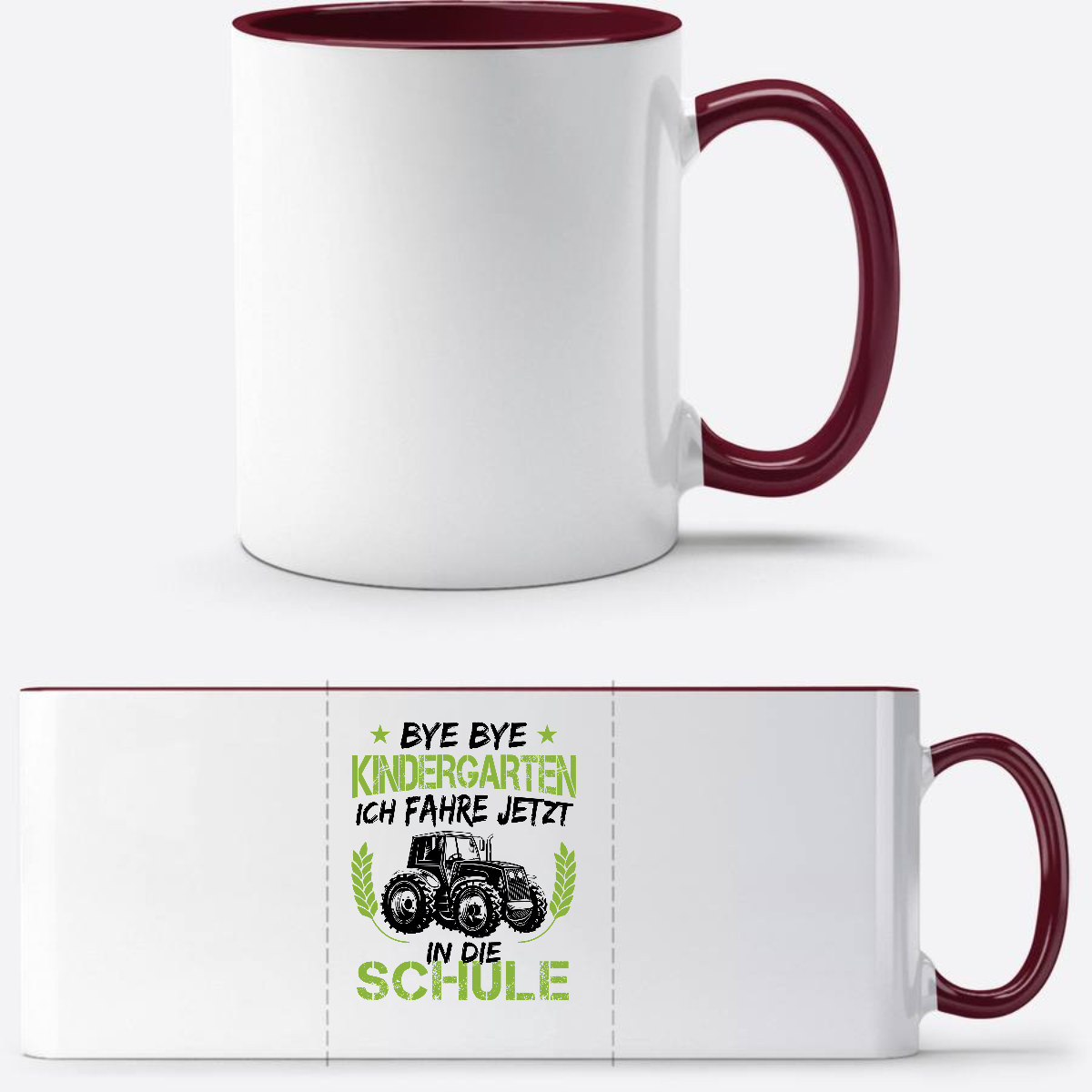 Einschulungstasse Traktor – Bye Bye Kindergarten mit Wunschname - White/Bordeaux