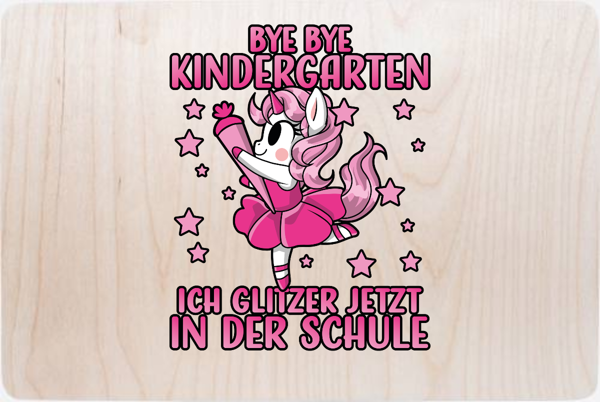 Erinnerungsbox Einschulung: Bye Bye Kindergarten Einhorn Pink - Holz