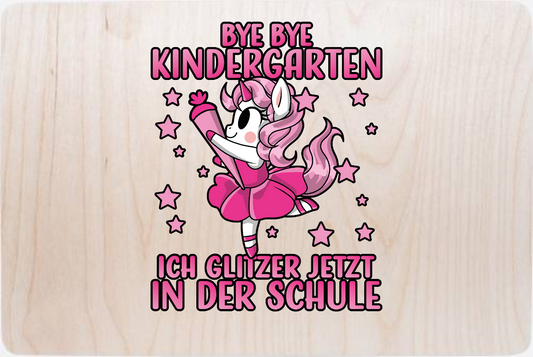 Erinnerungsbox Einschulung: Bye Bye Kindergarten Einhorn Pink - Holz