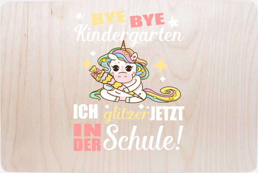 Erinnerungsbox Einschulung mit Name – Bye Bye Kindergarten Einhorn - Holz