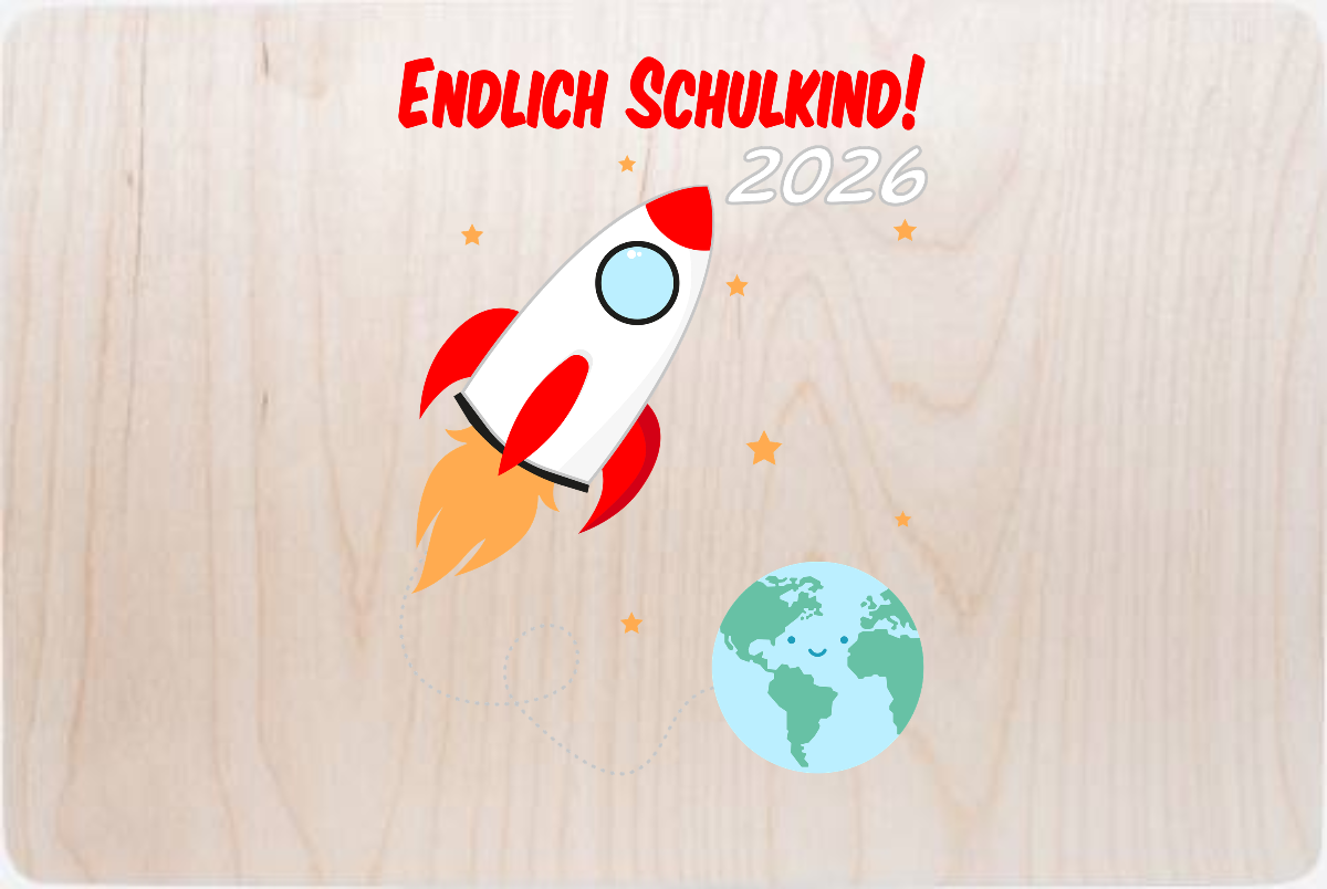 Erinnerungsbox mit Name: Endlich Schulkind Rakete 2026 - Holz