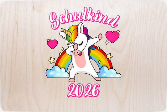 Erinnerungsbox Schulkind 2025 – Dabbendes Einhorn mit Name - Holz