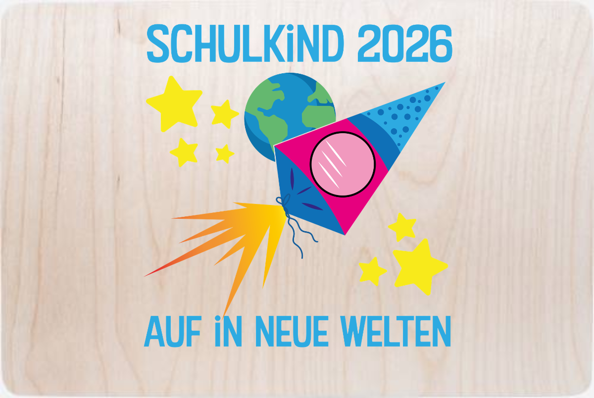 Erinnerungsbox Schulkind 2026 – Auf in neue Welten mit Name - Holz