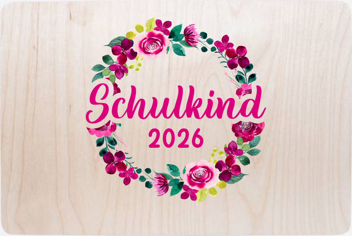 Erinnerungsbox Schulkind 2026 – Blumenkranz mit Name - Holz