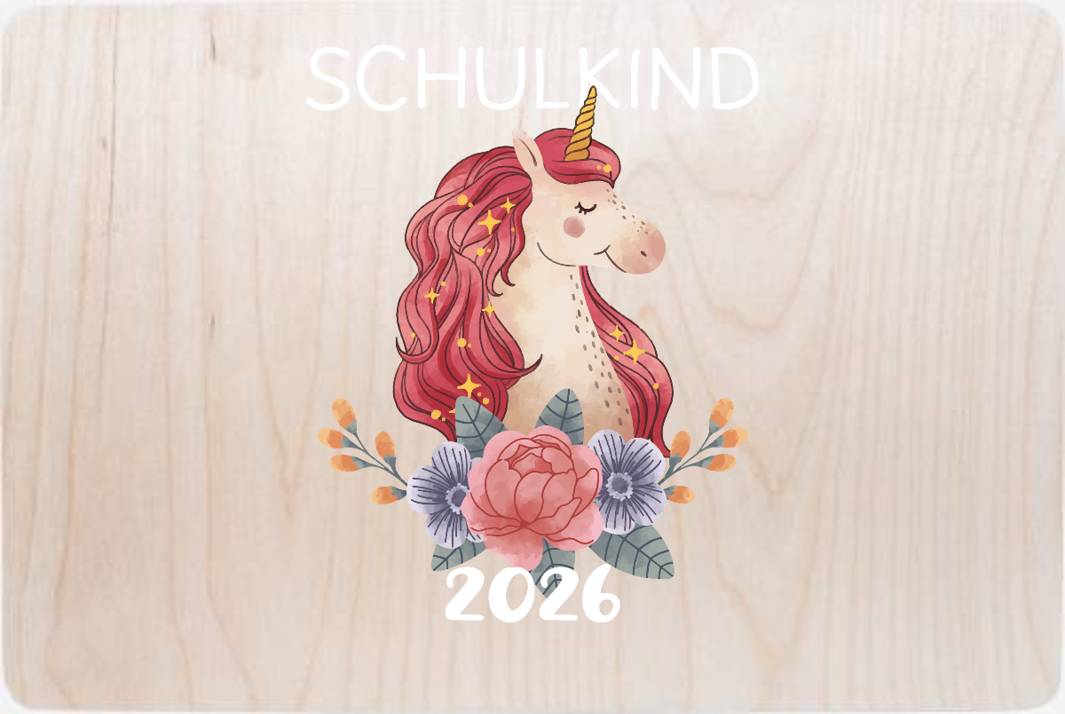 Erinnerungsbox Schulkind 2026 – Einhorn mit Wunschnamen - Holz