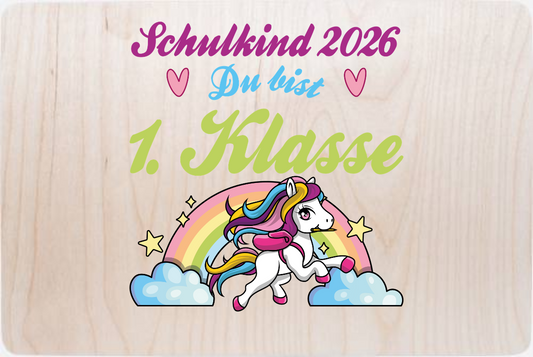 Erinnerungsbox Schulkind 2026: Pferd & Regenbogen mit Namen - Holz
