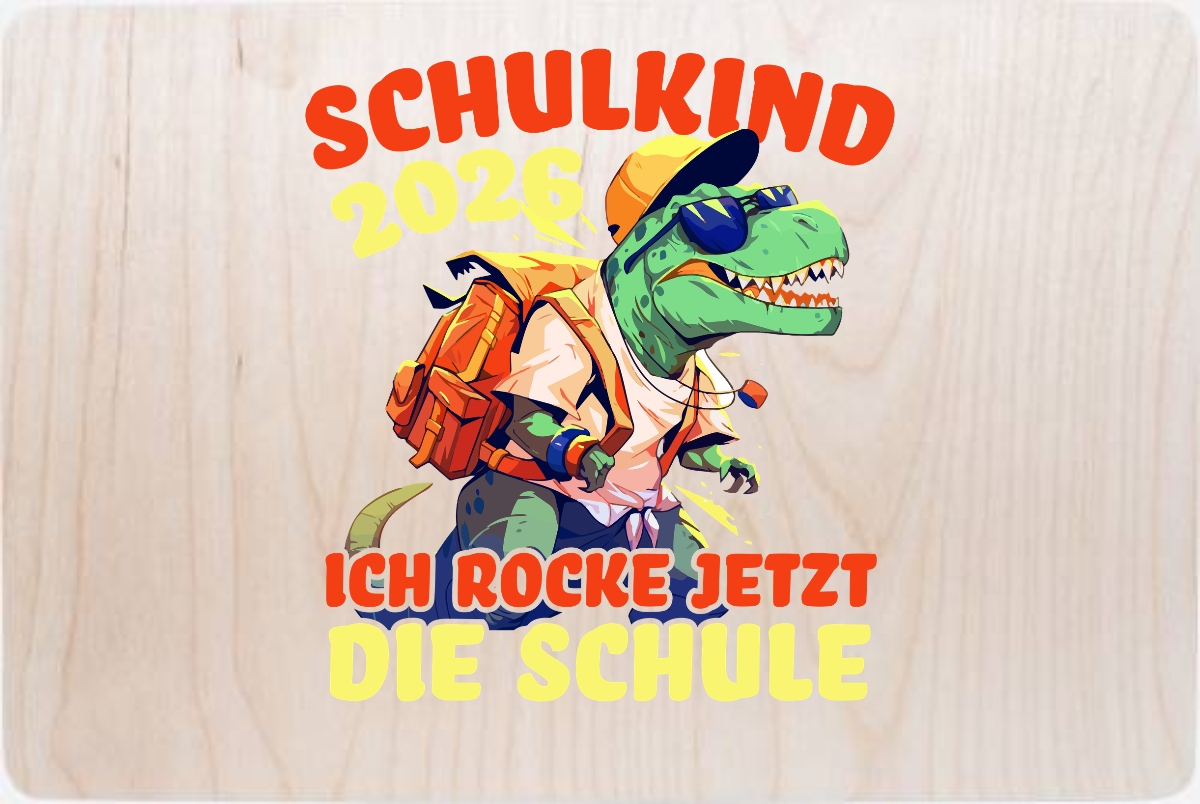 Erinnerungsbox Schulkind 2026 - T-Rex rockt die Schule - Holz