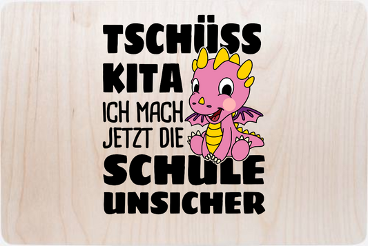 Erinnerungsbox Tschüss Kita – Rosa Drache zur Einschulung - Holz