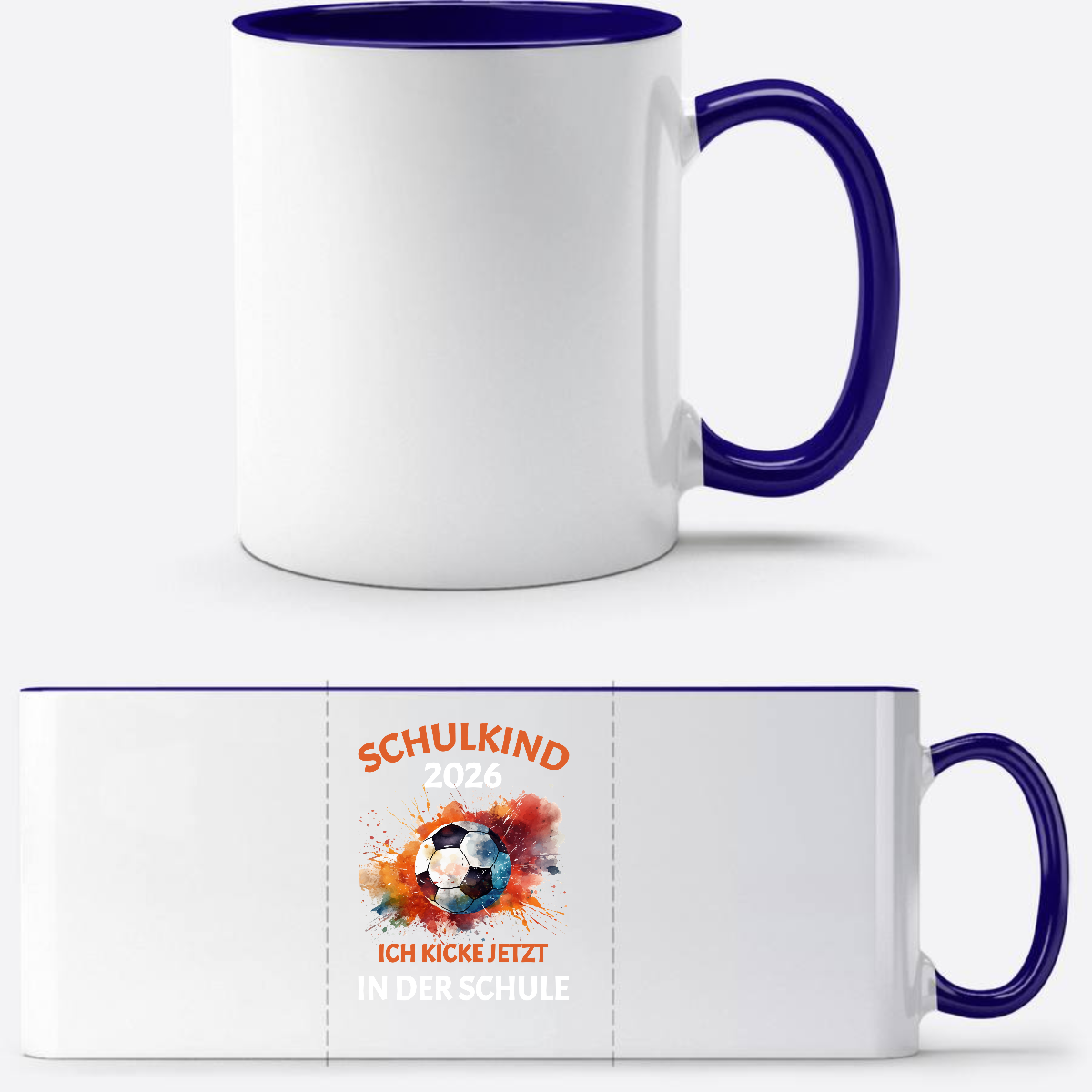 Fußball-Tasse Schulkind 2026 – Ich kicke jetzt in der Schule - Weiß/Dunkelblau