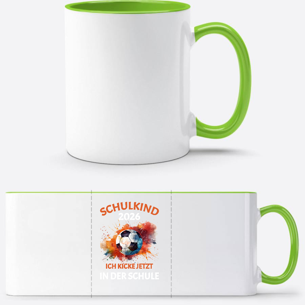 Fußball-Tasse Schulkind 2026 – Ich kicke jetzt in der Schule - Weiß/Grün