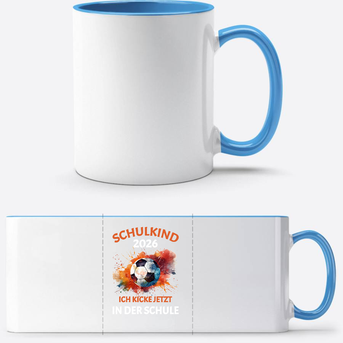 Fußball-Tasse Schulkind 2026 – Ich kicke jetzt in der Schule - Weiß/Hellblau
