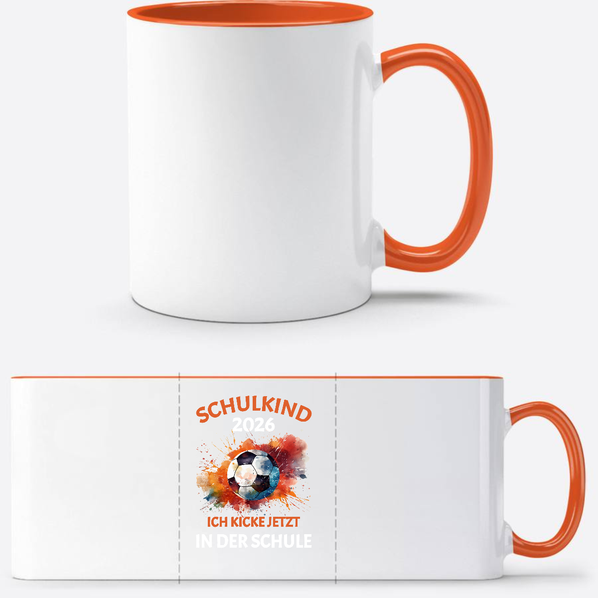 Fußball-Tasse Schulkind 2026 – Ich kicke jetzt in der Schule - Weiß/Orange