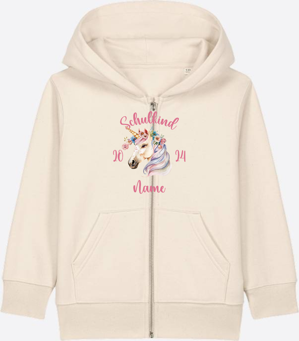 Geschenk zur Einschulung Mädchen: Personalisierter Zip-Hoodie - Natural Raw Herzseite